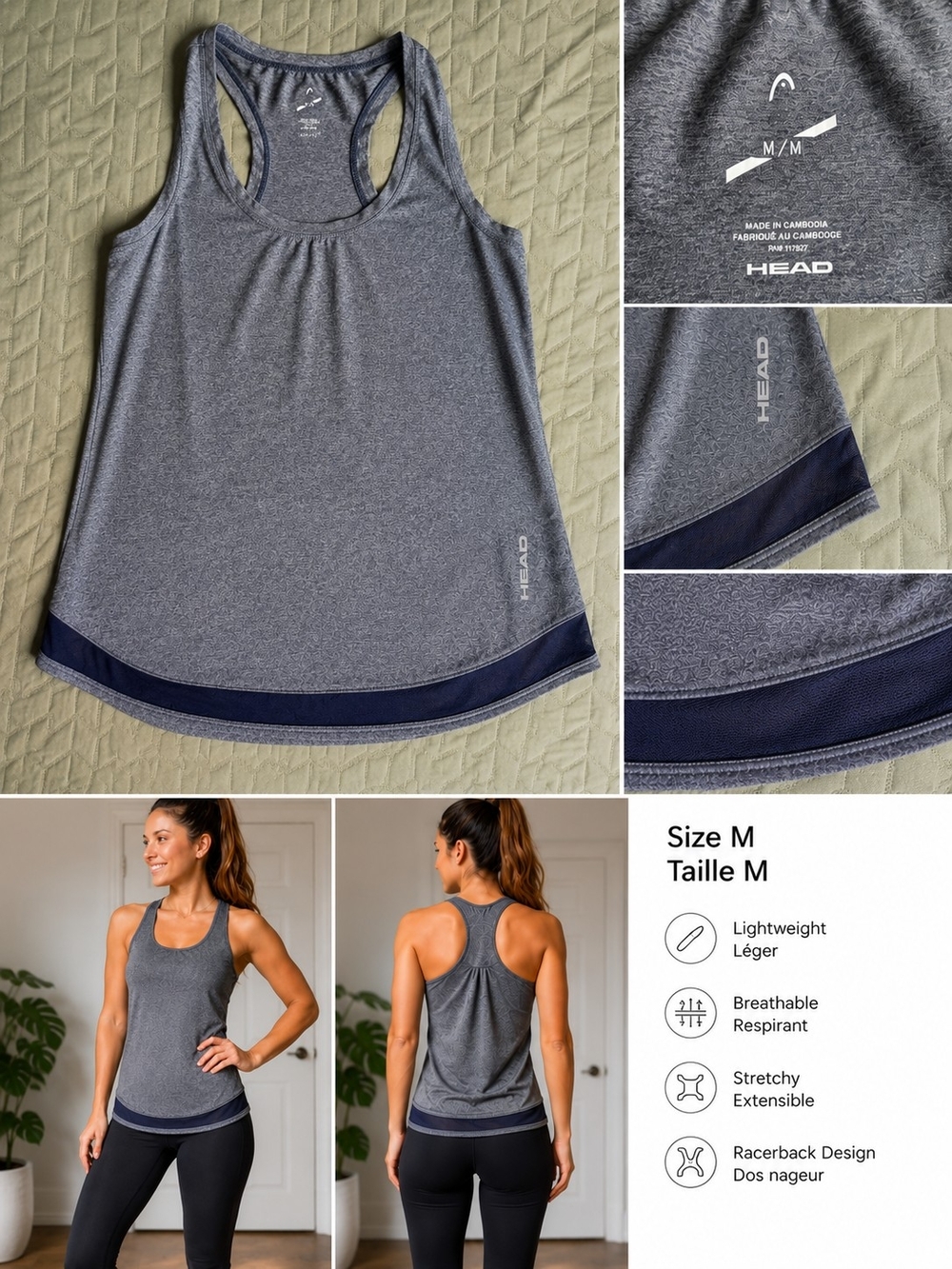 HEAD Racerback Athletic Tank Top Gray Size M Moisture Wicking